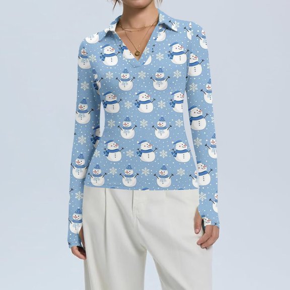 Women's Fashion Casual Christmas Print V-Neck Long Sleeve Fitted Button-Down Polo Shirt Top, Holiday Blouse, Slim Fit Collared T-Shirt,Blue,M