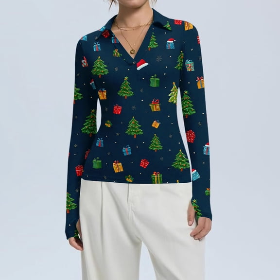 Women's Fashion Casual Christmas Print V-Neck Long Sleeve Fitted Button-Down Polo Shirt Top, Holiday Blouse, Slim Fit Collared T-Shirt,Navy,L