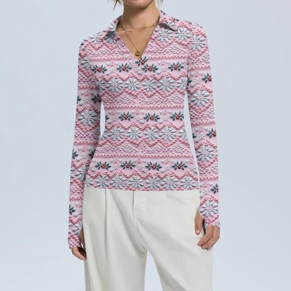 Women's Fashion Casual Christmas Print V-Neck Long Sleeve Fitted Button-Down Polo Shirt Top, Holiday Blouse, Slim Fit Collared T-Shirt,Pink,M