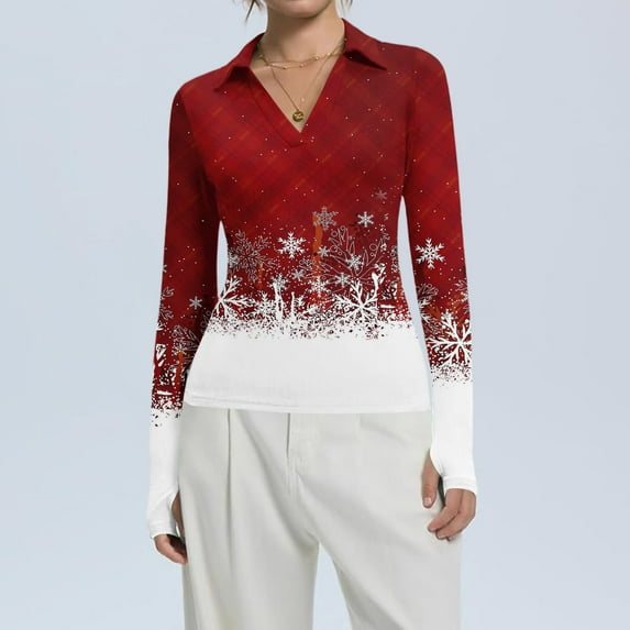 Women's Fashion Casual Christmas Print V-Neck Long Sleeve Fitted Button-Down Polo Shirt Top, Holiday Blouse, Slim Fit Collared T-Shirt,Red,L