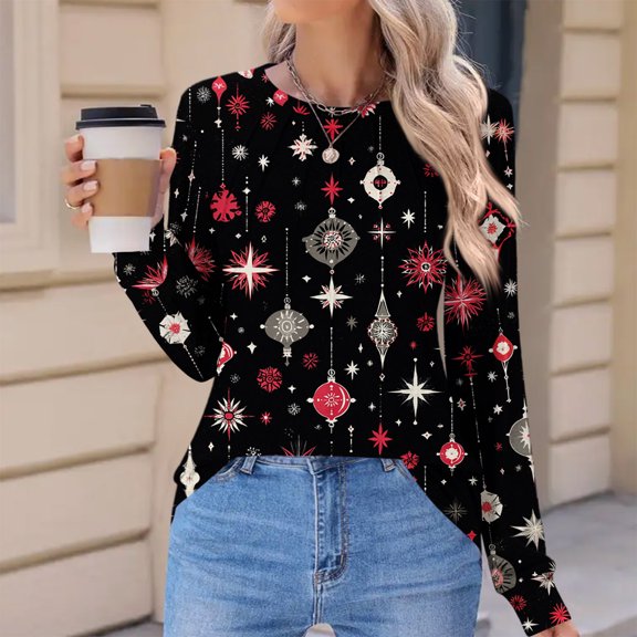 Women's Fashion Casual Christmas Printed Pleated Round Neck Long Sleeve Loose T-Shirt Top, Holiday Graphic Blouse, Comfortable Fall Winter Tunic,Black,S