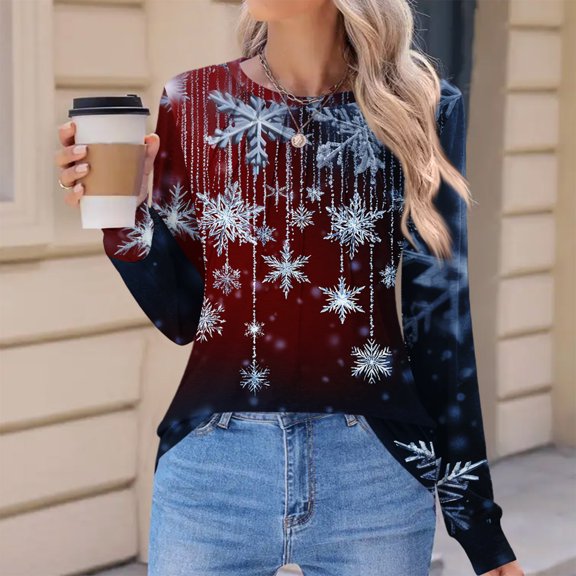 Women's Fashion Casual Christmas Printed Pleated Round Neck Long Sleeve Loose T-Shirt Top, Holiday Graphic Blouse, Comfortable Fall Winter Tunic,Blue,S