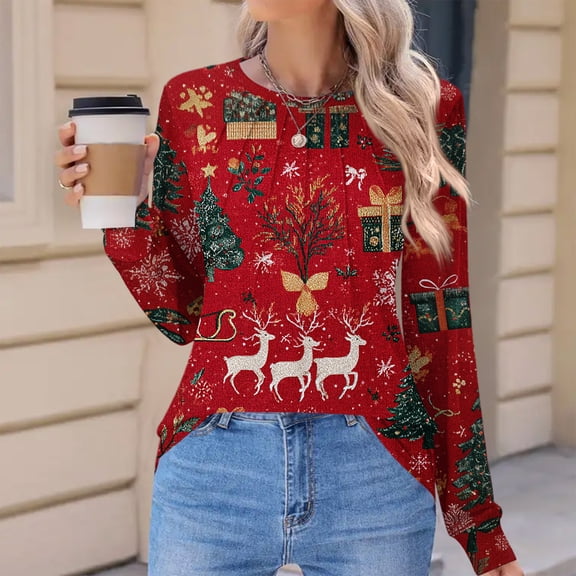 Women's Fashion Casual Christmas Printed Pleated Round Neck Long Sleeve Loose T-Shirt Top, Holiday Graphic Blouse, Comfortable Fall Winter Tunic,Deep Red,S