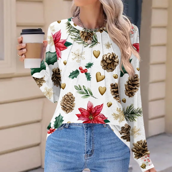 Women's Fashion Casual Christmas Printed Pleated Round Neck Long Sleeve Loose T-Shirt Top, Holiday Graphic Blouse, Comfortable Fall Winter Tunic,White,S