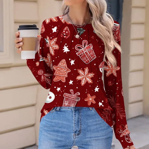 Women's Fashion Casual Christmas Printed Pleated Round Neck Long Sleeve Loose T-Shirt Top, Holiday Graphic Blouse, Comfortable Fall Winter Tunic,Wine,S