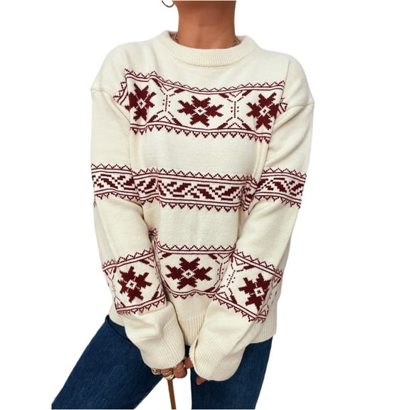 Women's Fashion Casual Christmas Sweater Snowflake Contrast Color Round Neck Knit Sweater Pullover Long Sleeve Loose Sweater for Fall and Winter,, Christmas Sweaters for Women ,Beige,M