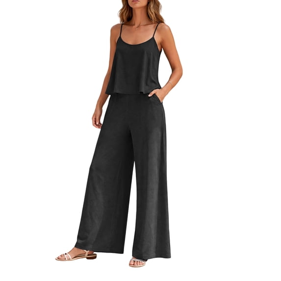 Women's Fashion Casual -Color Elegant Two-Piece Crewneck Vest Wide Leg Pants Set