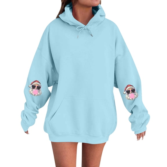 Women's Fashion Casual Comfortable Round Neck Hooded Long Sleeve Christmas Print Warm Sweatshirt for Holiday Wear and Winter Season Comfort,Light Blue,M