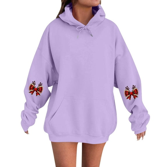 Women's Fashion Casual Comfortable Round Neck Hooded Long Sleeve Christmas Print Warm Sweatshirt for Holiday Wear and Winter Season Comfort,Purple,M