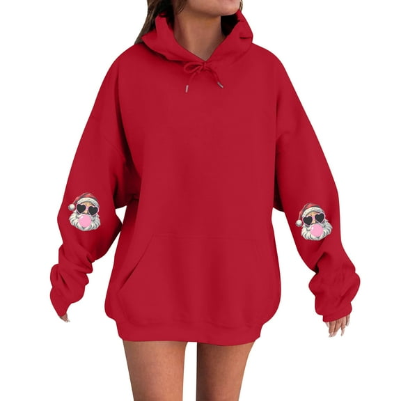 Women's Fashion Casual Comfortable Round Neck Hooded Long Sleeve Christmas Print Warm Sweatshirt for Holiday Wear and Winter Season Comfort,Wine,M