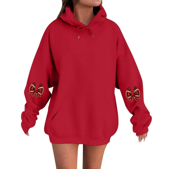 Women's Fashion Casual Comfortable Round Neck Hooded Long Sleeve Christmas Print Warm Sweatshirt for Holiday Wear and Winter Season Comfort,Wine,XL