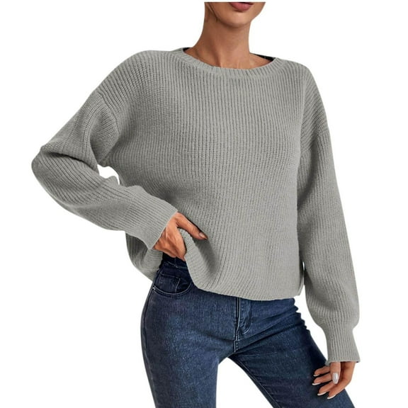 Women's Fashion Casual Crew Neck Pullover Long Sleeve Bold Knit Sweater Top, Thick and Cozy Sweater for Winter, Casual Everyday Wear, Stylish Round Neck Design for Women,Gray,S