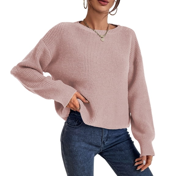 Women's Fashion Casual Crew Neck Pullover Long Sleeve Bold Knit Sweater Top, Thick and Cozy Sweater for Winter, Casual Everyday Wear, Stylish Round Neck Design for Women,Pink,L