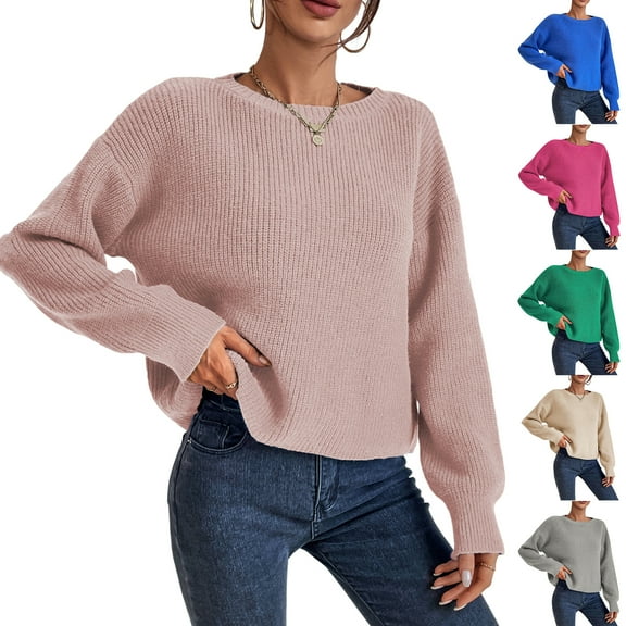 Women's Fashion Casual Crew Neck Pullover Long Sleeve Bolded Knit Sweater, Chunky and Warm, Great for Everyday Use and Seasonal Activities,Pink,L