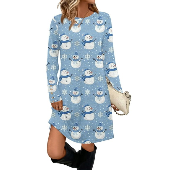 Women's Fashion Casual Dress with Pockets, Decorative Buttons, Christmas Prints, Round Neck and Long Sleeves for Practical Holiday Wear,Light Blue,2XL