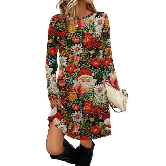 Women's Fashion Casual Dress with Pockets, Decorative Buttons, Christmas Prints, Round Neck and Long Sleeves for Practical Holiday Wear,Light Brown,2XL