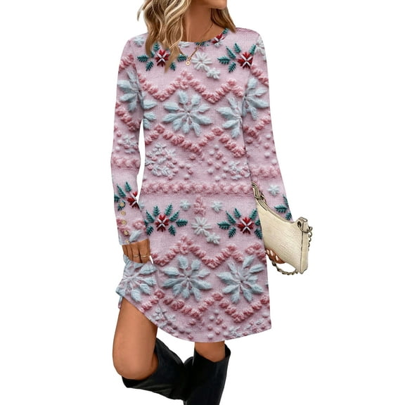 Women's Fashion Casual Dress with Pockets, Decorative Buttons, Christmas Prints, Round Neck and Long Sleeves for Practical Holiday Wear,Light pink,2XL