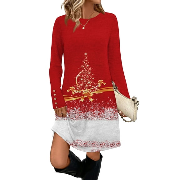 Women's Fashion Casual Dress with Pockets, Decorative Buttons, Christmas Prints, Round Neck and Long Sleeves for Practical Holiday Wear,Watermelon Red,M