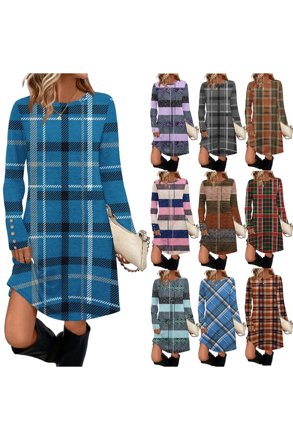 Women's Fashion Casual Dress with Pocket Decorative Buttons Round Neck Long Sleeves for Spring and Autumn Everyday Wear,Blue,L