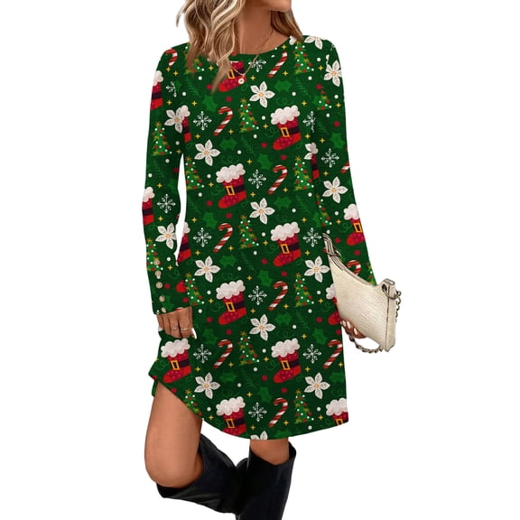 Women's Fashion Casual Dress with Pockets, Decorative Buttons, Christmas Prints, Round Neck and Long Sleeves for Practical Holiday Wear,Dark Green,S