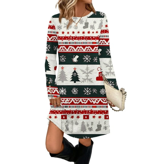 Women's Fashion Casual Dress with Pockets, Decorative Buttons, Christmas Prints, Round Neck and Long Sleeves for Practical Holiday Wear,Dark Green,XL