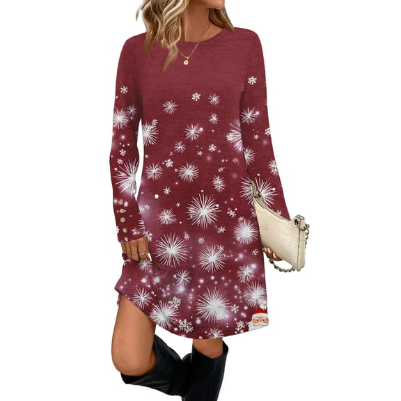 Women's Fashion Casual Dress with Pockets, Decorative Buttons, Christmas Prints, Round Neck and Long Sleeves for Practical Holiday Wear,Wine,S