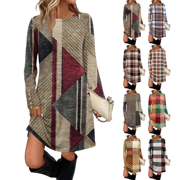Women's Fashion Casual Dress with Pockets Decorative Buttons Geometric Plaid Print Round Neck Long Sleeves for Spring and Autumn Events,Vermilion,S