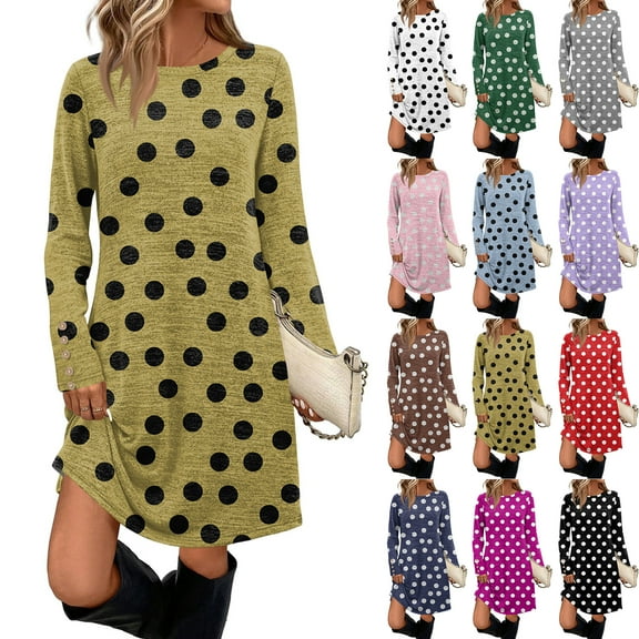 Women's Fashion Casual Dress with Pockets Decorative Buttons Polka Dot Prints Round Neck Long Sleeves for Spring and Autumn Outings,Wine,S