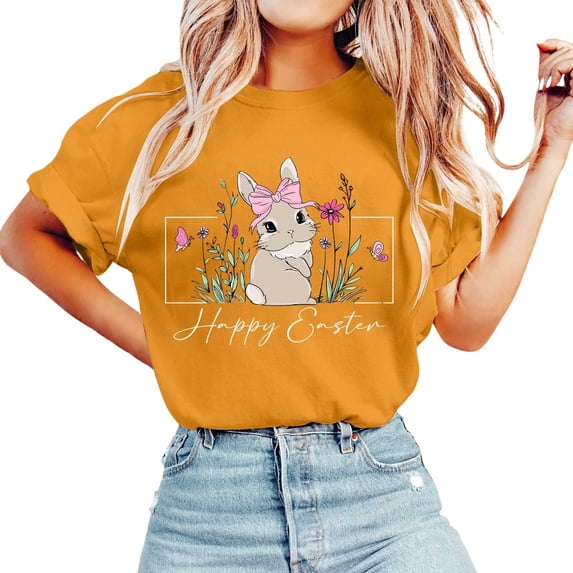 Women's Fashion Casual Easter Print Round Neck Short Sleeve T-Shirt Top Yellow L