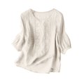 thumbnail image 1 of Women's Fashion Casual Five Cotton Linen V Neck Top Summer Embroidery Loose T Shirt Top, 1 of 2