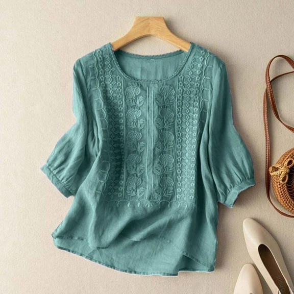 Women's Fashion Casual Five Cotton Linen V Neck Top Summer Embroidery Loose T Shirt Top