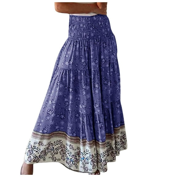 Women's Fashion Casual Flower Printing High Waist Pleated Long Skirt, Ethnic Style for Bohemian Wear, Flowy and Lightweight,Blue,Size 3XL