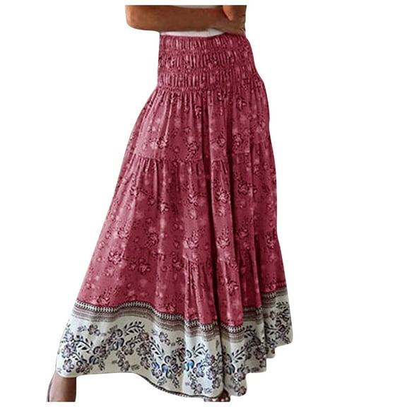 Women's Fashion Casual Flower Printing High Waist Pleated Long Skirt, Ethnic Style for Bohemian Wear, Flowy and Lightweight,Red,Size S