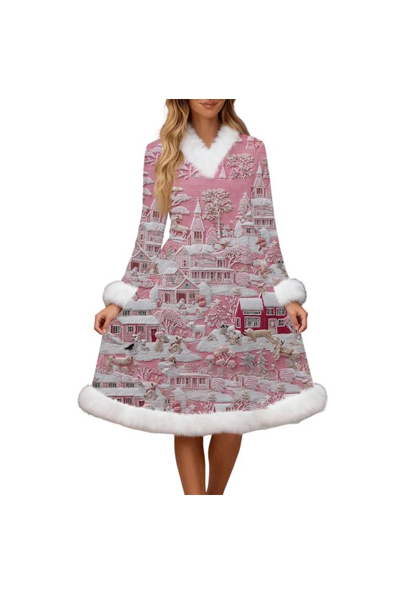 Women's Fashion Casual Gold Velvet Fleece Dress with Christmas Print, V-neck Long-sleeved Dress for Holiday Parties and Everyday Wear, Soft Women's Winter Dress,Light pink,2XL
