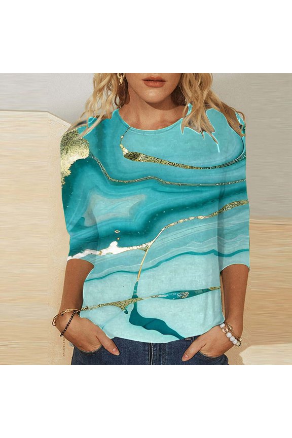 Women's Fashion Casual Gradual Change Pattern Sport Round Neck T Shirt Comfortable Casual Loose Point Sleeve T Shirt Tech Shirt Compression Shirts Women Long Sleeve Workout Loose Tops Women Tech Pack