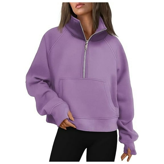 Women's Fashion Casual Half Zip Stand Collar Sweatshirt Soft Solid Color Pullover Top for Everyday Wear