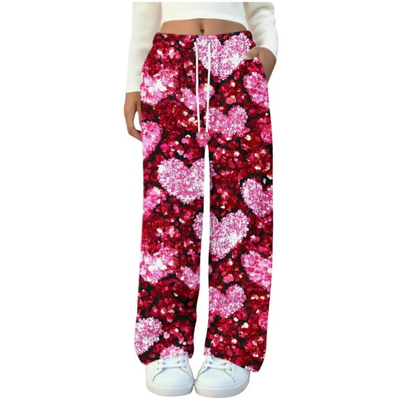 Women's Fashion Casual Heart Printed Elastic Pants With Pockets Strap Detail Sleepwear Long Bottoms 2025 Relaxed Fit Cozy Loungewear Fall Winter Comfortable Loose Trousers