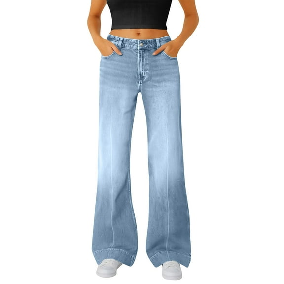 Women's Fashion Casual High Waist Baggy Wide Leg Jeans, Stretchy Denim Pants with Four-Pocket Design and Button Front Closure, Comfortable Loose Fit Trousers for Daily Wear Sky Blue S