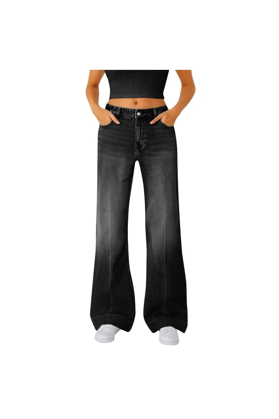 Women's Fashion Casual High Waist Baggy Wide Leg Jeans, Stretchy Denim Pants with Four-Pocket Design and Button Front Closure, Comfortable Loose Fit Trousers for Daily Wear Black S