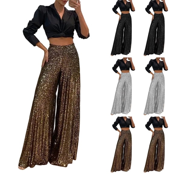 Women's Fashion Casual High Waist Thin Trousers Solid Colour Sequin Wide Leg Trousers - Stylish Pants for Parties and Holiday Events,Black,XL
