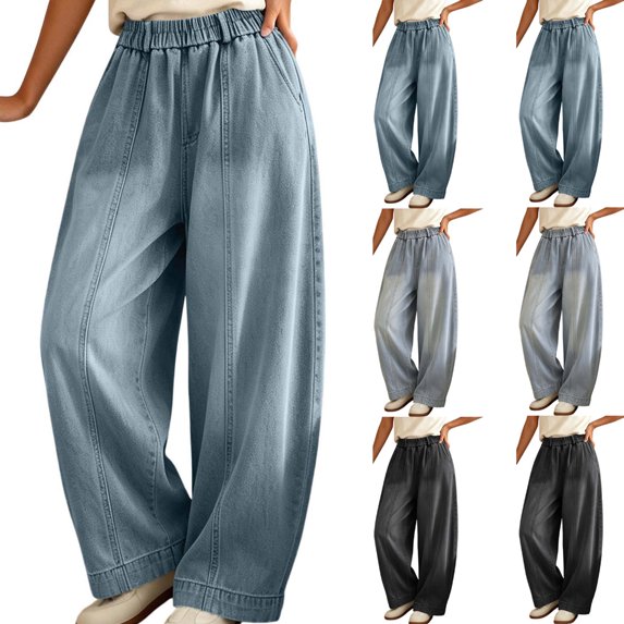 Women's Fashion Casual High Waist Wide Leg Jeans Loose Fit Simple Style Denim Long Pants Streetwear with Pockets Blue XL(XL)