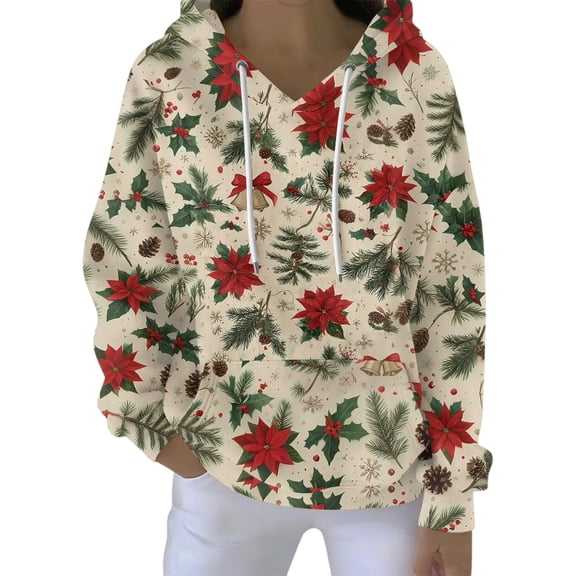 Women's Fashion Casual Hooded Loose Printed Long Sleeve Sweatshirt with Christmas Tree Print, Great for Holiday Outfits and Casual Look, Festive and Soft,Khaki,S