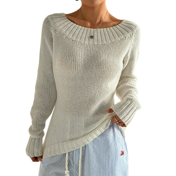 Women's Fashion Casual Knit Boat Neck Sweater Long Sleeve One Shoulder Pullover Off-shoulder Solid White Knitted Sweater