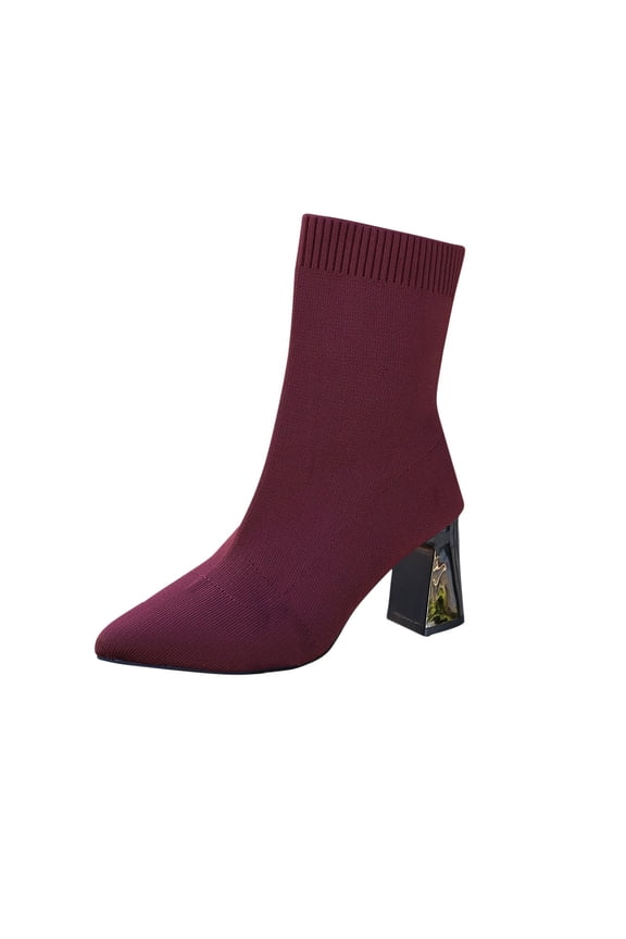 Women's Fashion Casual Knitted Sock Boots Square Toe Thick Heel Comfortable High Heel Winter Shoes for Outdoor and Indoor Wear