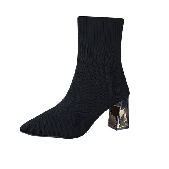 Women's Fashion Casual Knitted Sock Boots Square Toe Thick Heel Comfortable High Heel Winter Shoes for Outdoor and Indoor Wear