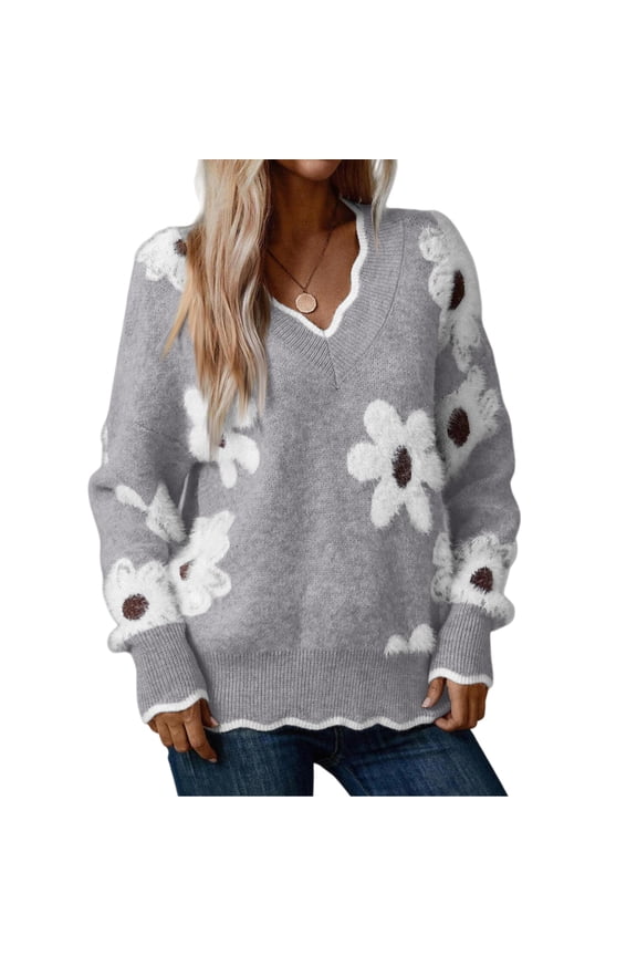 Women's Fashion Casual Lace V-Neck Mink Pullover Long Sleeve Loose Sweater Top Comfortable Knitwear for Women,Gray,2XL