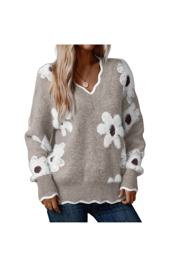 Women's Fashion Casual Lace V-Neck Mink Pullover Long Sleeve Loose Sweater Top Comfortable Knitwear for Women,Khaki,M