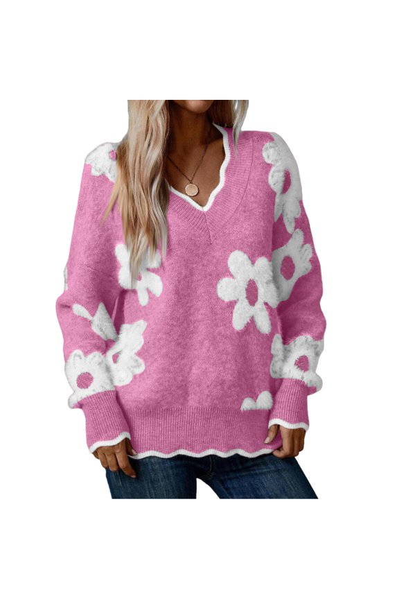Women's Fashion Casual Lace V-Neck Mink Pullover Long Sleeve Loose Sweater Top Comfortable Knitwear for Women,Pink,XL