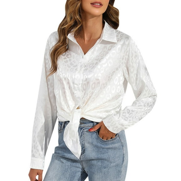 Women's Fashion Casual Leopard Print Color Ding Shirt Women's Satin Imitation Silk Drape Long Sleeve Shirt,White,L