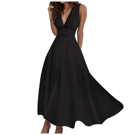 Women's Fashion Casual Long Dress Sleeveless V Neck Side Zipper Summer Spring Solid Color Flowy Comfortable Elegant Stylish Versatile